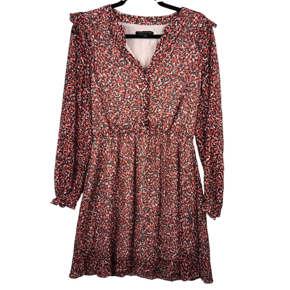 Banana Republic Dress M Red Black Print Long‎ Sleeve Ruffle Trim Lined Travel - Picture 2 of 10